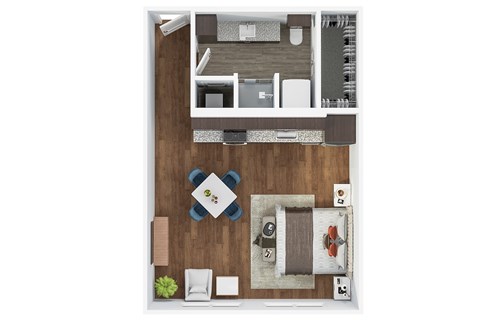 A top-down view of a small apartment layout with a kitchen, living room, and bathroom.